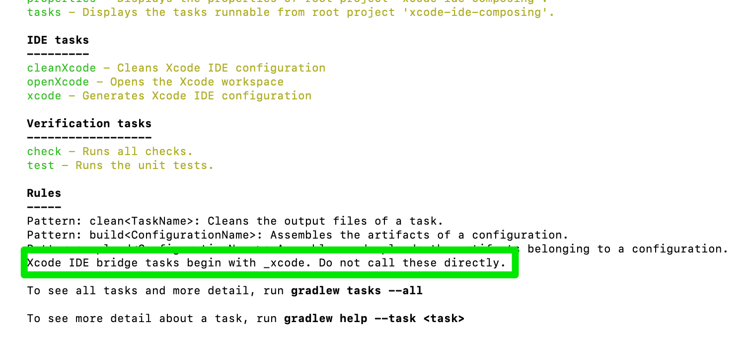 Gradle tasks showing the registered Xcode bridging task rule